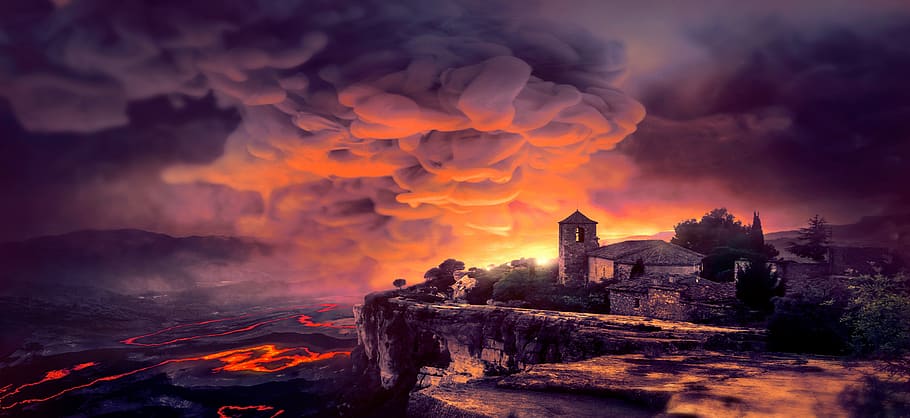 fantasy, smoke, nature, lava, disaster, village, burn, landscape, composing, photomontage