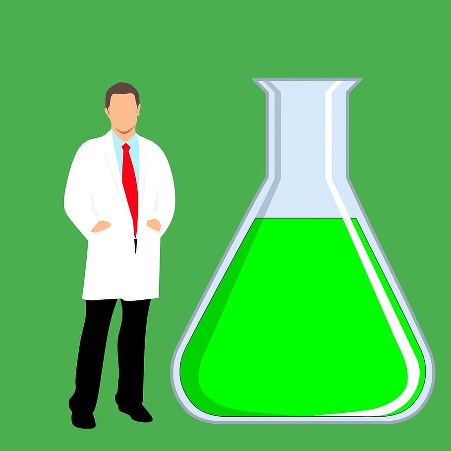 scientist, researcher, standing, next, chemical flask, flask., chemicals, molecule, physics, chemistry lab