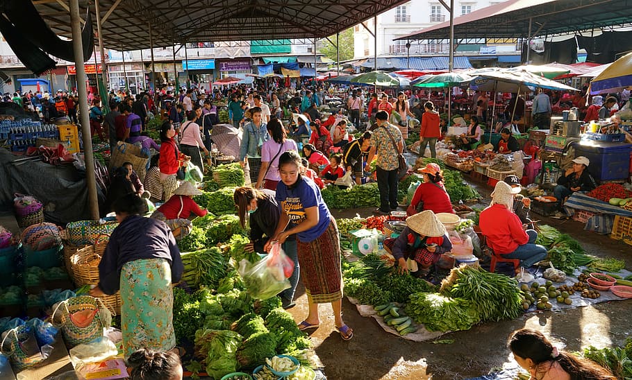 fruta, verdura, cosecha propia, mercado, compras, pakse, laos, asia, personas, vender