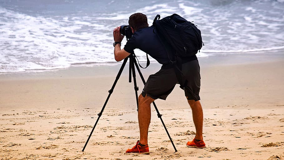 fotografer, pantai, tripod, pasir, laut, fotografi, alam, kamera, musim panas, hobi