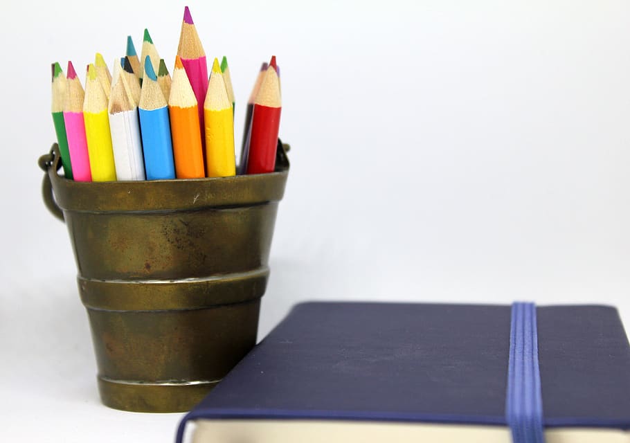pencils, coloured, brass, bucket, holder, notebook, diary, note, book, office supplies