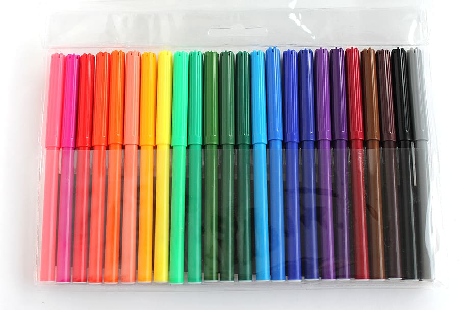 felt tip pens, packaging, multi colored, color, red, green, blue, stationery, the office, to draw