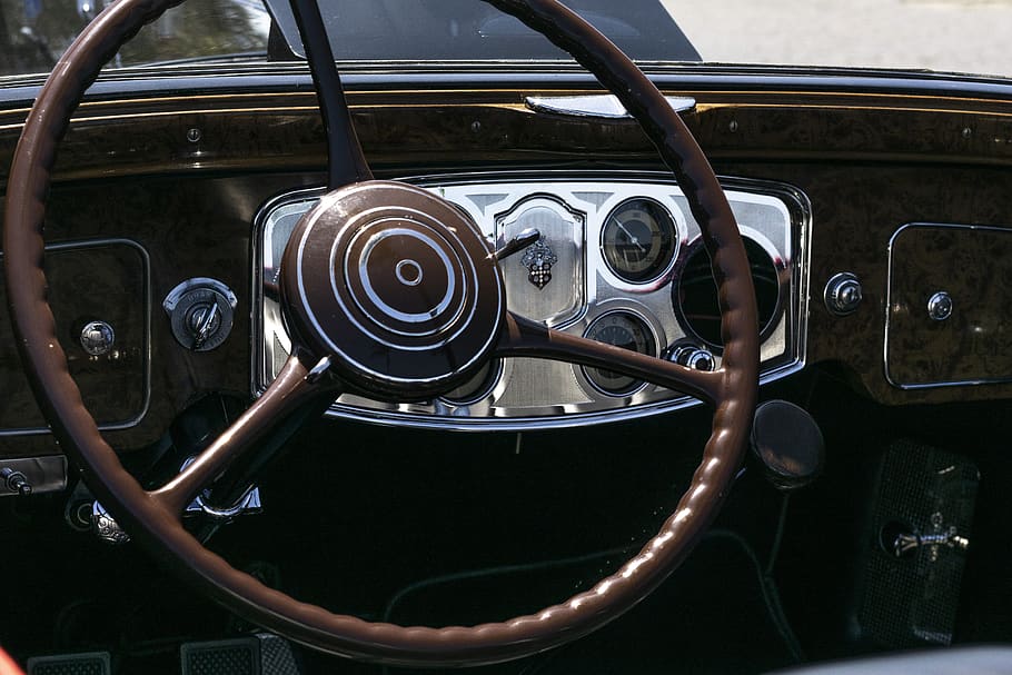 Packard 8, convertible, 1930, retro, dashboard, detail, klasik, emblem, logo, jam