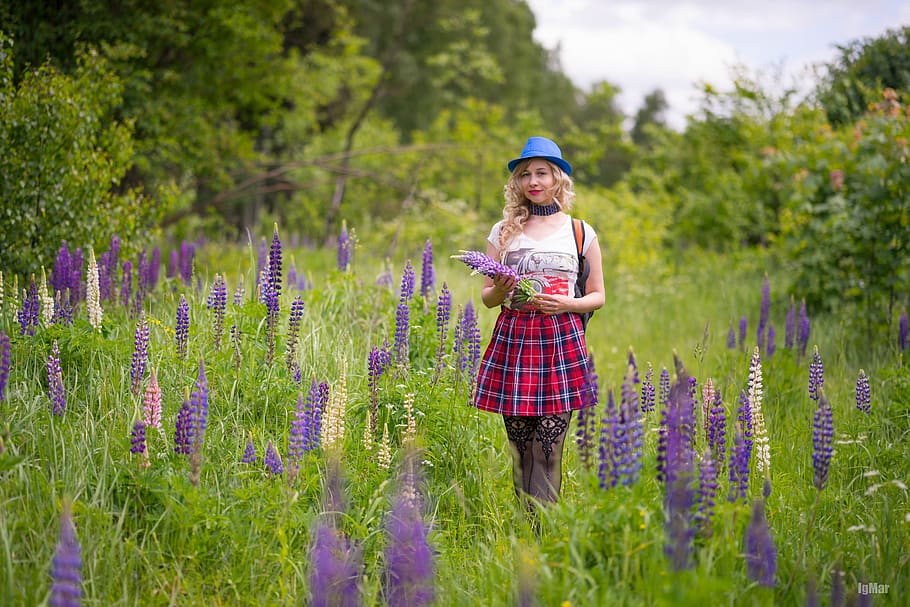 lupins, forest, flowers, field, glade, photoshoot, with flowers, girl, sun, grass