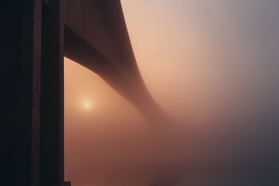 ponte, arquitetura, nevoeiro, neblina, nebuloso, céu, noite, escuro, crepúsculo, Pôr do sol