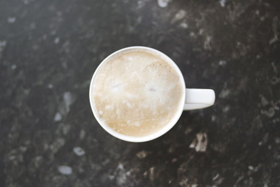 overhead, coffee, cup, marble, background, food, drink, cappuccino, latte, milk