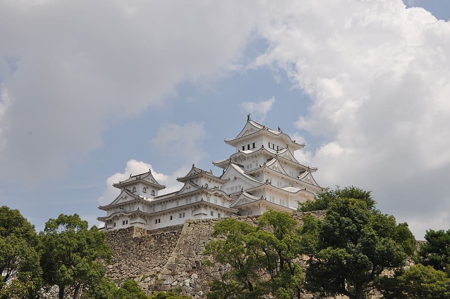 japan, castle, himeji, white, history, built structure, sky, tree, architecture, religion