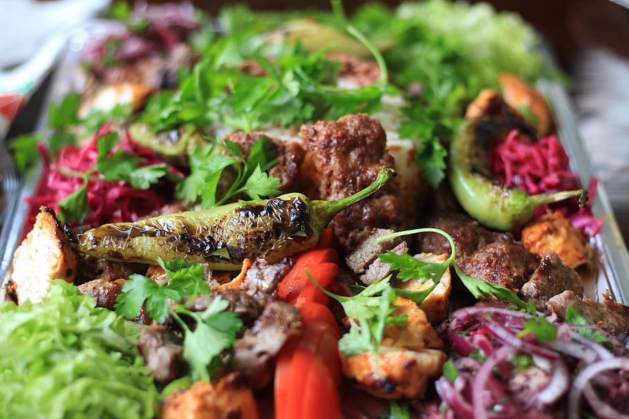 food, restaurant, kebap, turkish, lamb skewer, pepperoni, salad, close up, fresh, food and drink