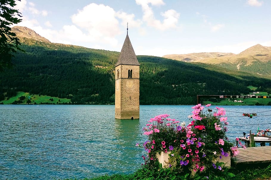 reschensee, lago, iglesia, planta, montañas, tirol del sur, italia, naturaleza, agua, estructura construida