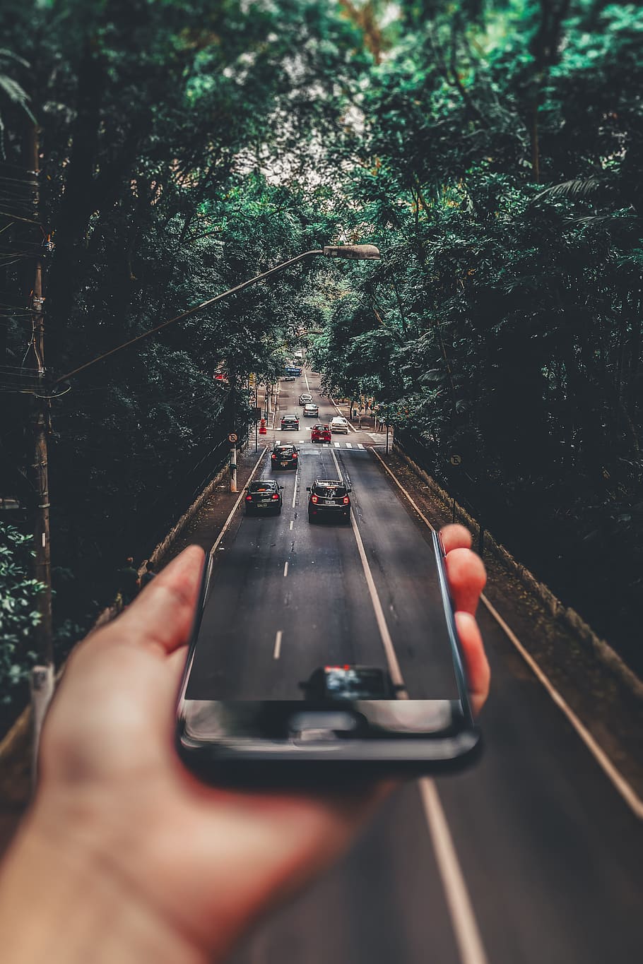 mobile, photography, road, cars, trees, forest, traffic, ios, iphone, black