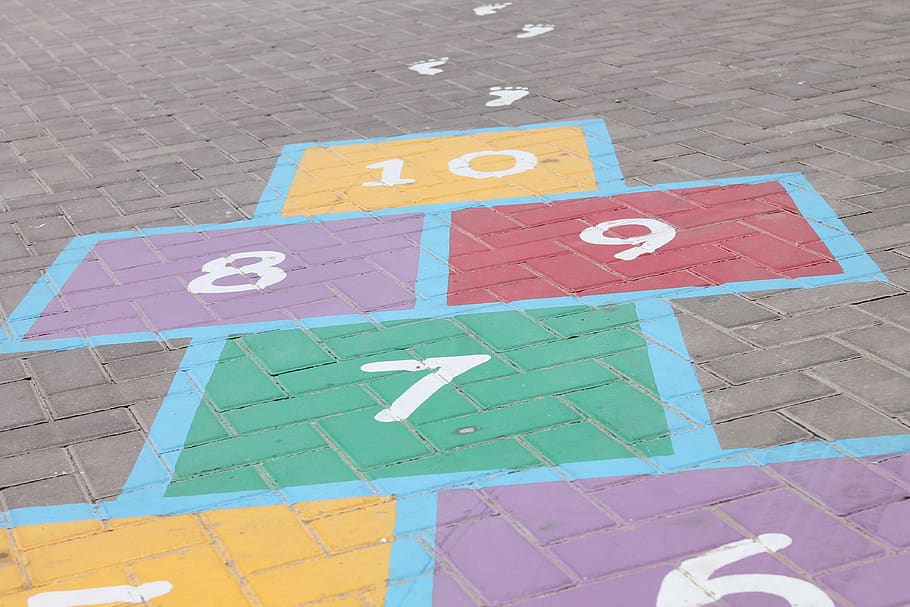 hopscotch, steps, numbers, six, seven, eight, nine, ten, multi colored, number
