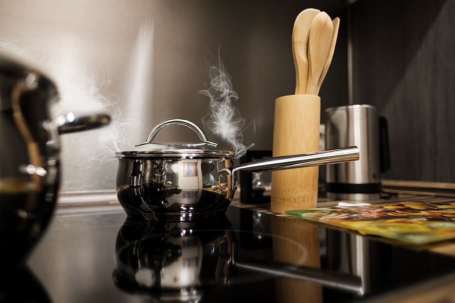 kitchen, cook, pot, cooking pot, stove, steam, hot, kitchen utensil, indoors, heat - temperature