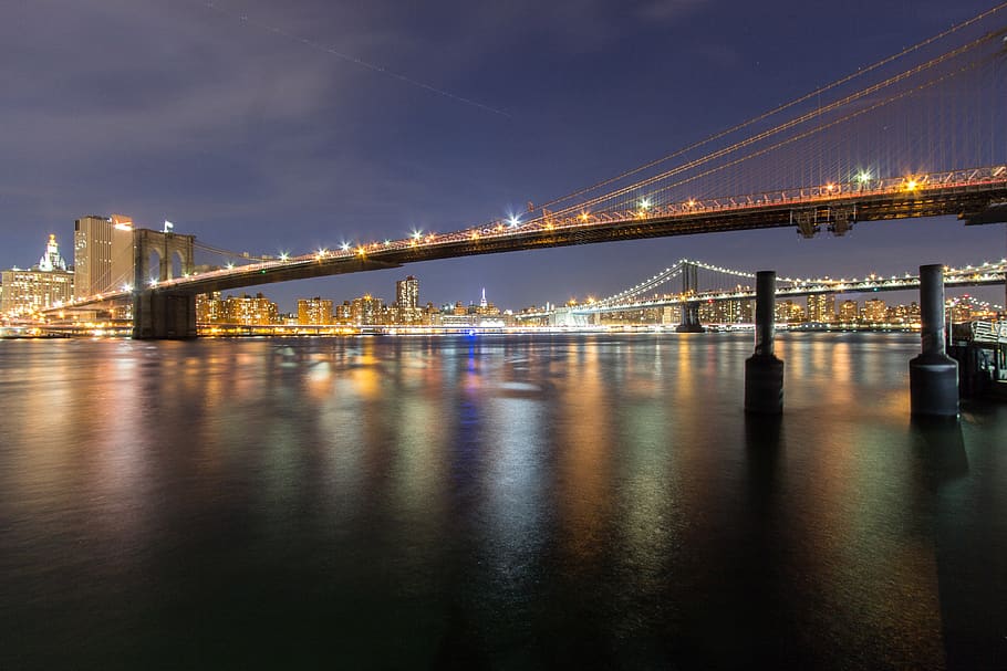 puente de Brooklyn, noche, luces, puente, ciudad, urbano, Brooklyn, Manhattan, horizonte, arquitectura