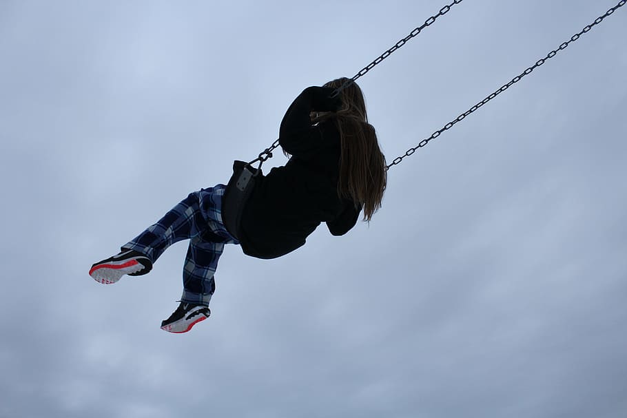 people, kid, child, happy, playground, clouds, sky, swing, one person, full length