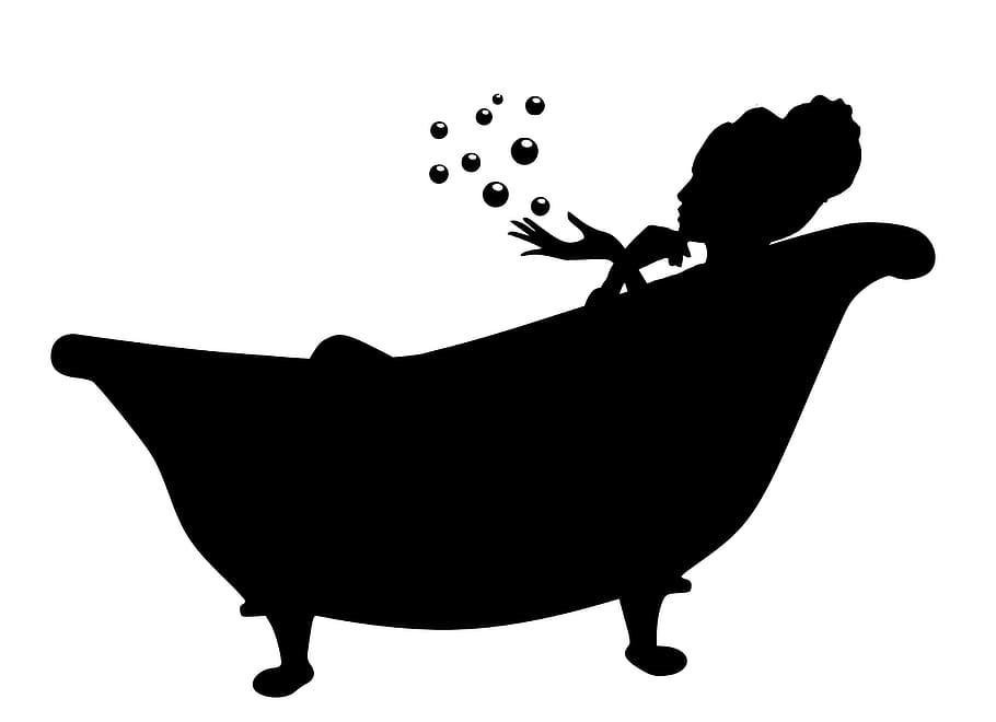 silhouette, woman, lounging, bathtub, enjoying, bubbles., bubble, women, bath, care