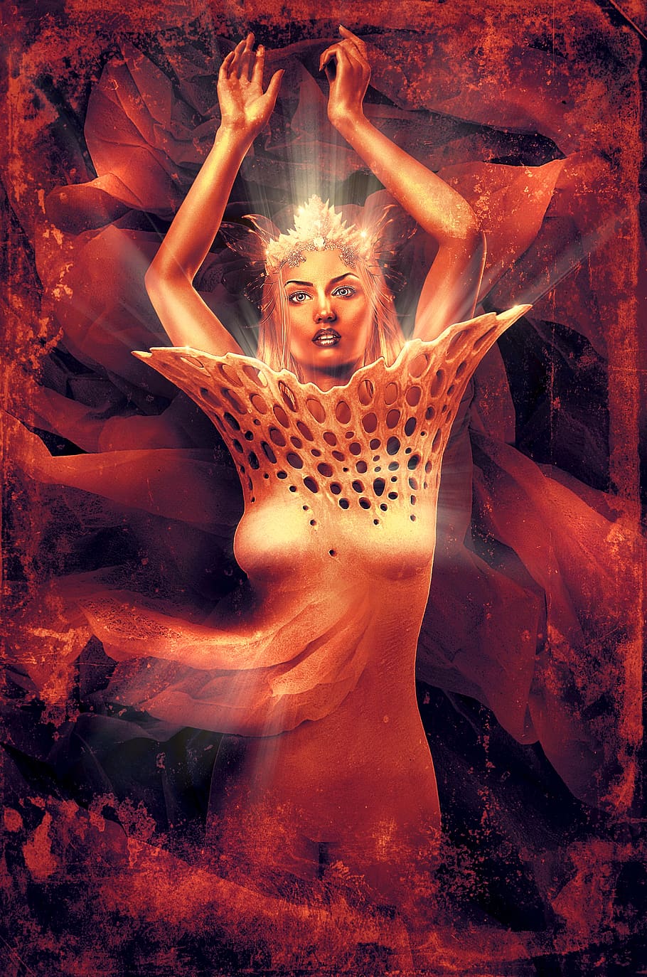 book cover, enlightenment, woman, body, red, light, composing, photomontage, shining, fantasy