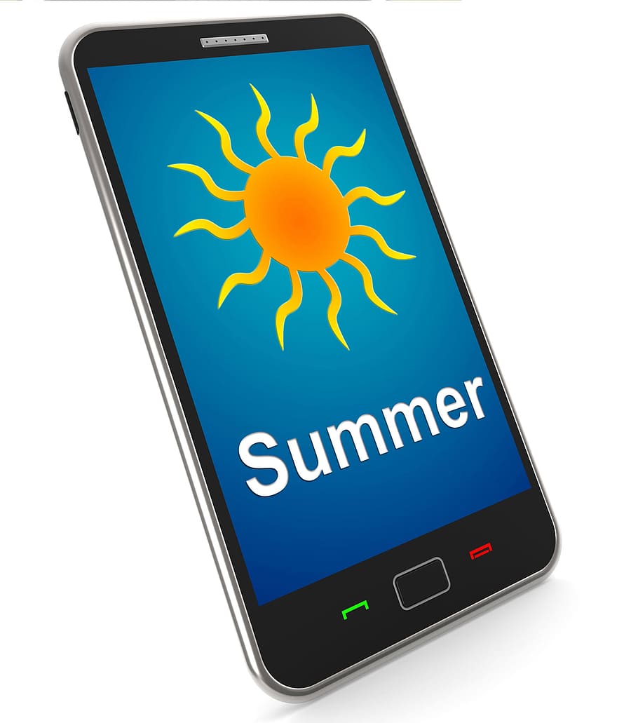 móvil, lo que significa temporada de verano, verano, teléfono celular, calor, internet, teléfono, temporada, teléfono inteligente, horario de verano