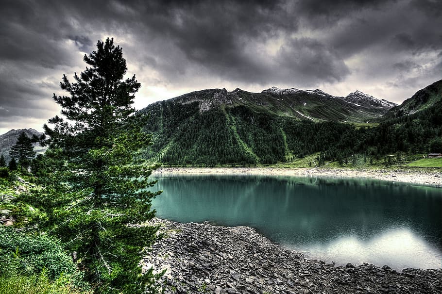 lake, water, mountains, landscape, nature, outdoors, grey, clouds, sky, storm