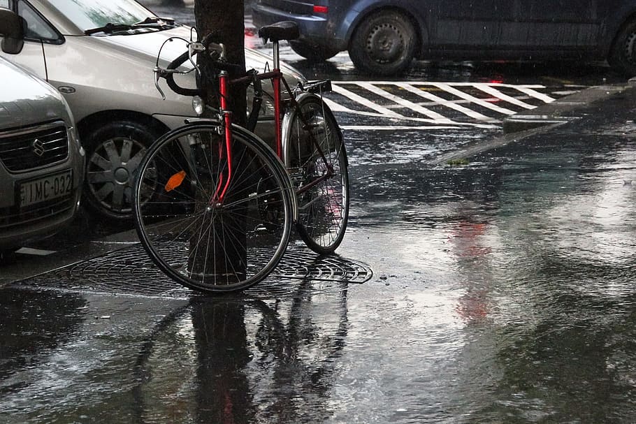 bicicleta, rua, europeu, urbano, clássico, chuva, cidade, outono, ciclo, transporte
