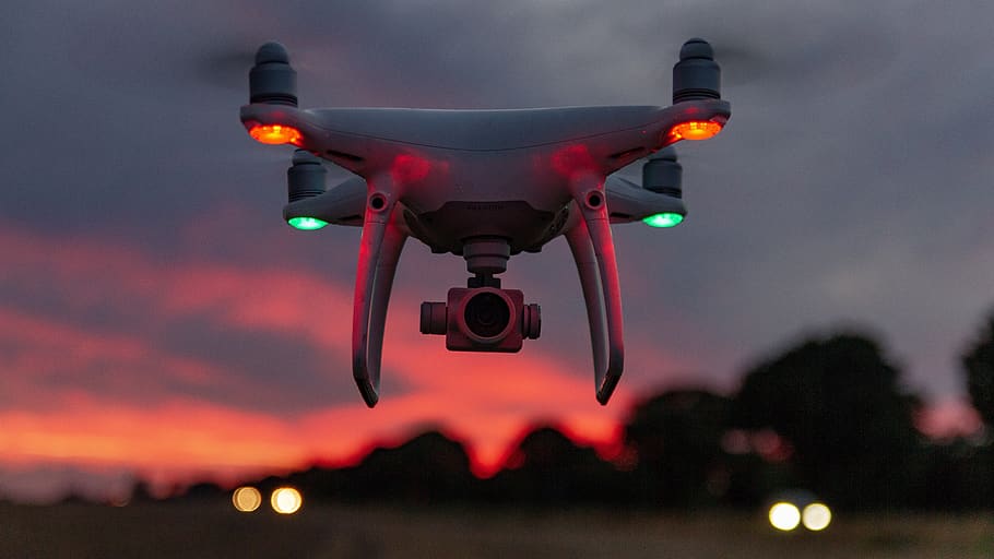 drone, dji, sky, landscape, flying, red, sunset, mid-air, motion, technology