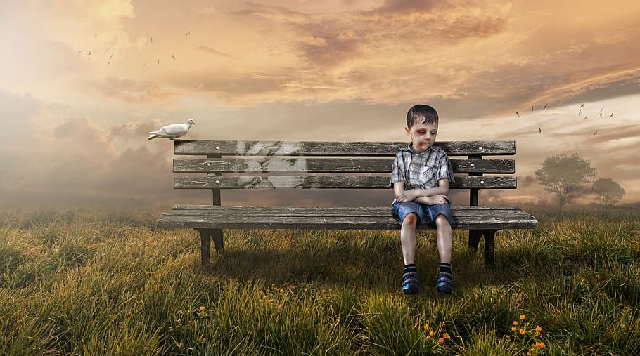 outdoors, grass, summer, field, sunset, clouds, bench, boy, child, kid