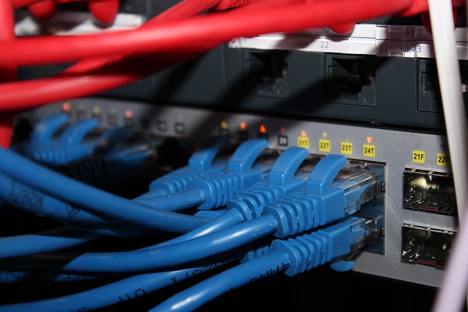 патч-панель, кат. 6, коммутационный провод, красный, синий, стойка связи, сеть, коммутатор, кабели, соединения
