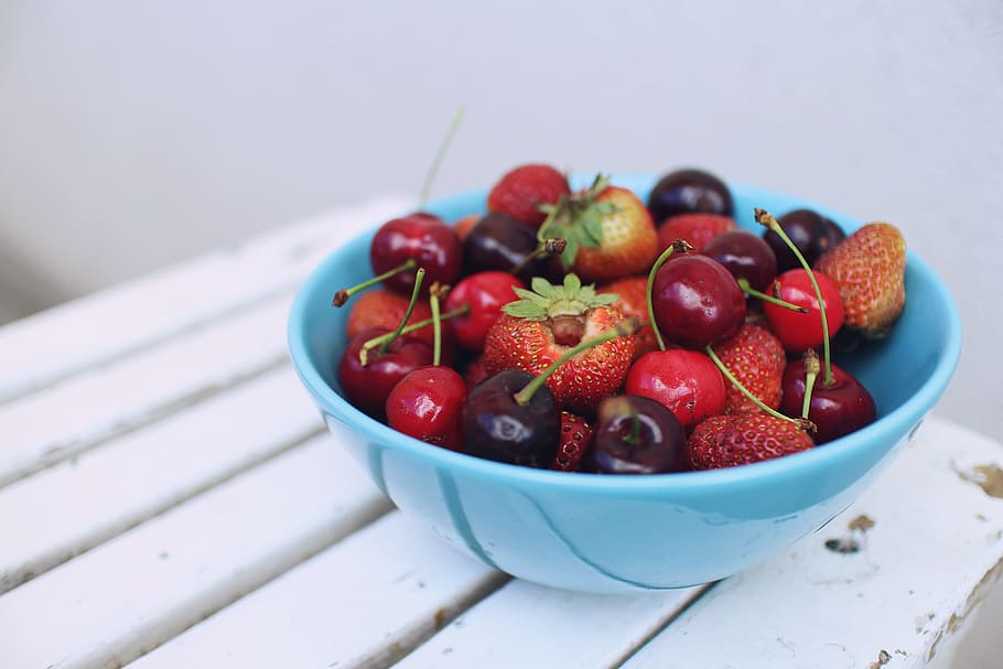 freshly picked berries, berries, berry, blue, bowl, cherries, cherry, red, strawberries, strawberry