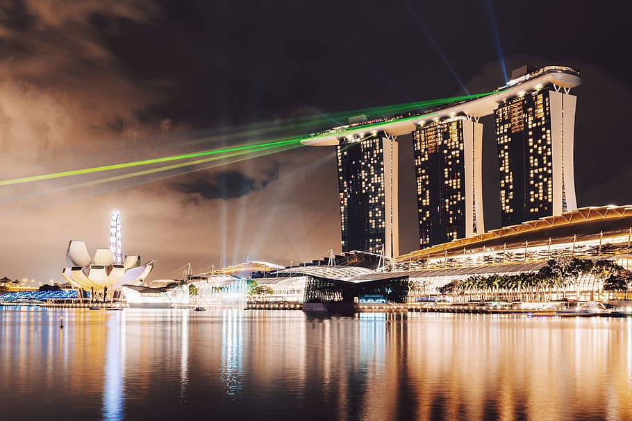 singapur lights, businessCity y Urban, light, night, arquitectura, agua, reflexión, estructura construida, noche, iluminado