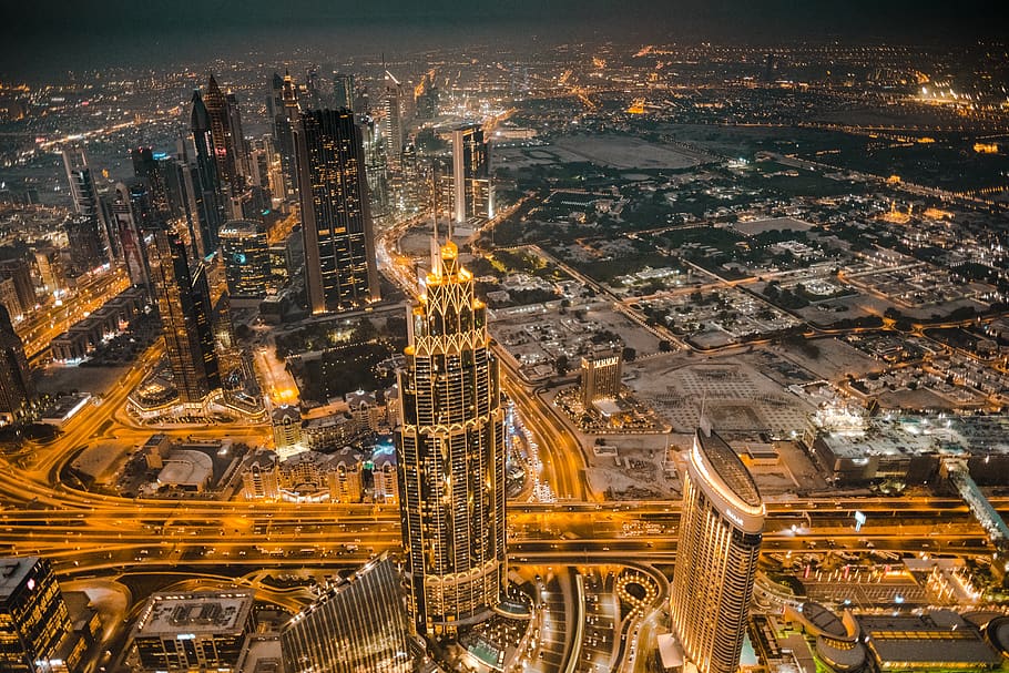dubai, emiratos, burj khalifa, horizonte, ciudad, noche, vista, arquitectura, iluminado, moderno