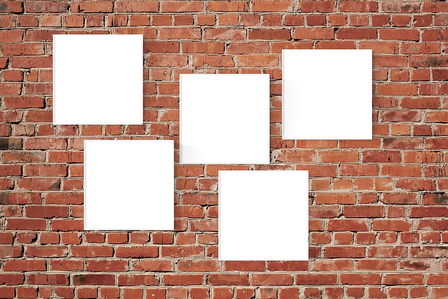 poster, frame, wall, brick, brick wall, blank, wall - building feature, copy space, white color, architecture