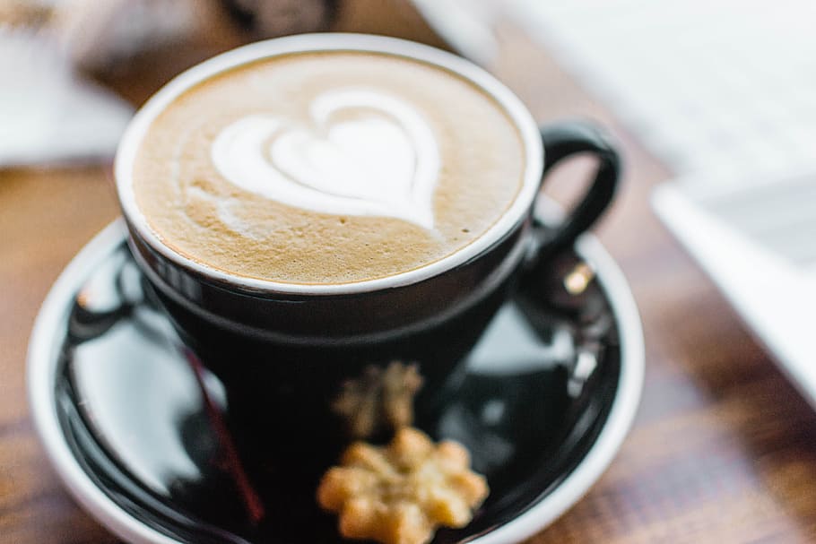 cappuccino, breakfast, black, cup, mug, ceramic, table, wood, love, heart