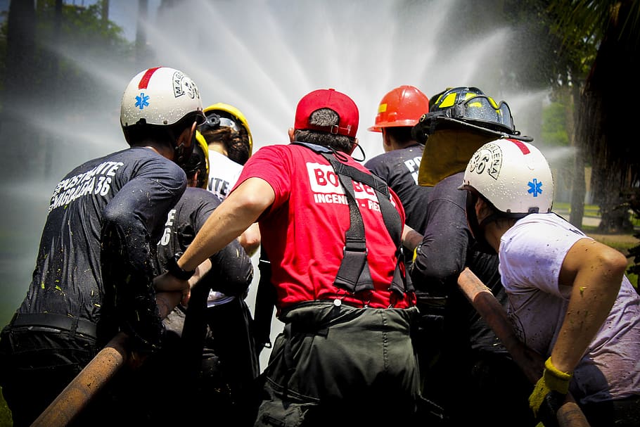 fogo, água, equipe, bombeiro, mangueira, chamas, capacete, fumaça, perigoso, calor