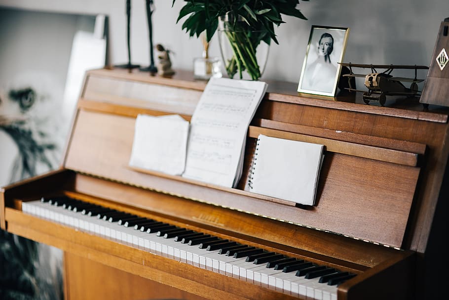 antiguo, piano, partituras, vintage, interior, nadie, teclado, de madera, música, sin gente
