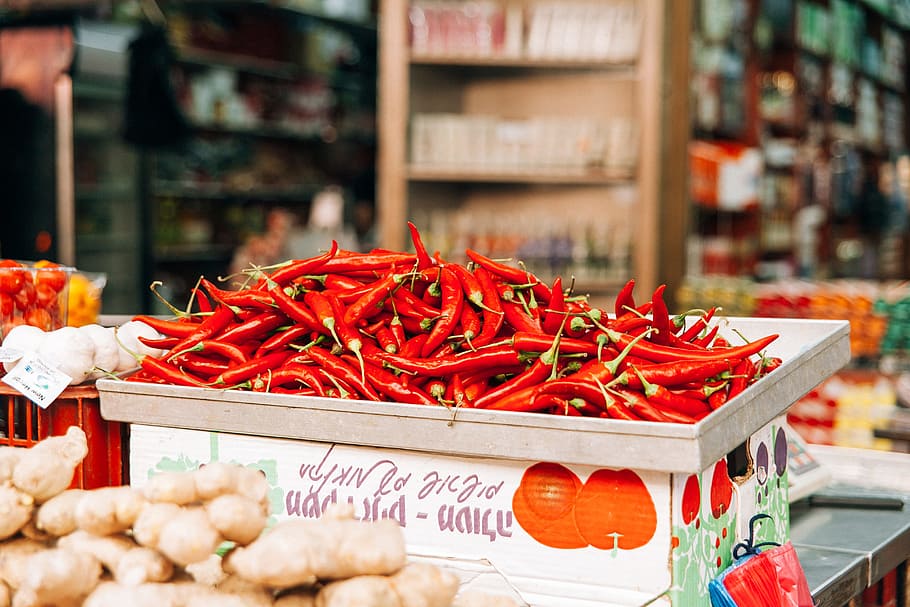 red, chili peppers, vegetables, food, market, groceries, food and drink, retail, spice, freshness