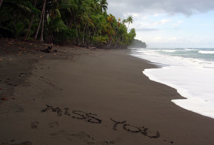 miss, written, sand, beach., punta banco, costa rica, beach, foot, fun, handwriting