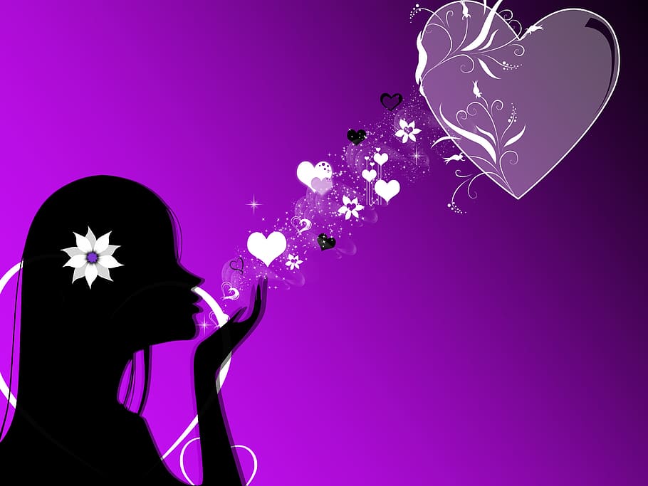 love, heart, shape, purple, background, illustration, modern, girl, woman, blows
