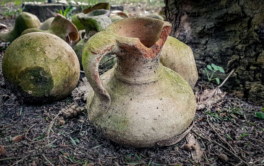 deco, old, jars, garden, sound, container, pottery, land, nature, field
