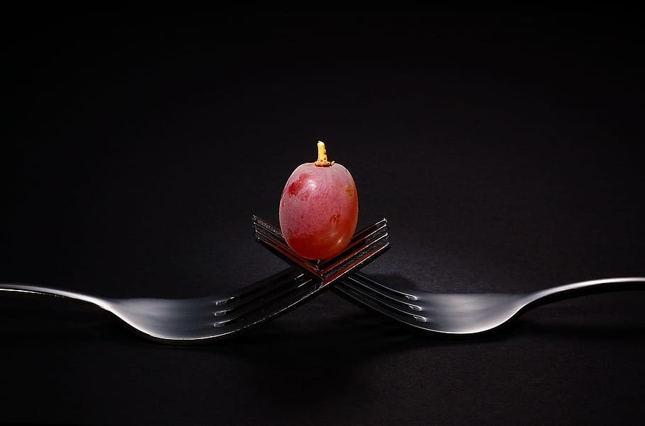 grape, close up, dark, fork, fruit, minimalistic, red, simple, simplistic, food
