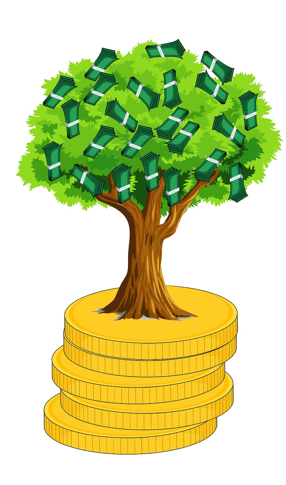 ilustração, árvore do dinheiro, crescente, topo, pilha, moedas de ouro, moedas., dinheiro, ganhar dinheiro, investimento
