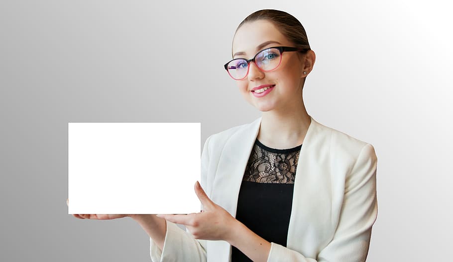 woman, holding, blank, white, sign, hands, advertising, banner, board, card