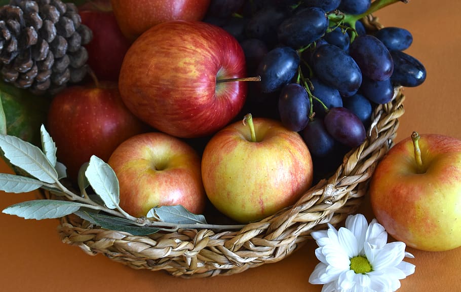 fruits, fruit basket, basket, food, apples, grapes, autumn, fall, healthy, harvest