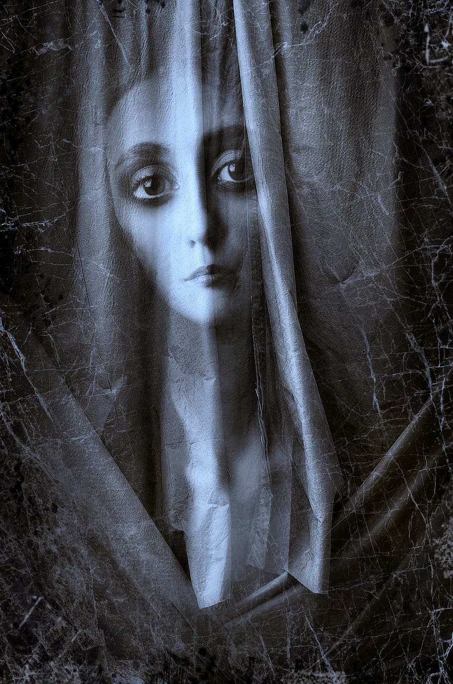 book cover, portrait, mourning, cloth, face, emotional, suffering, gloomy, light, mystical