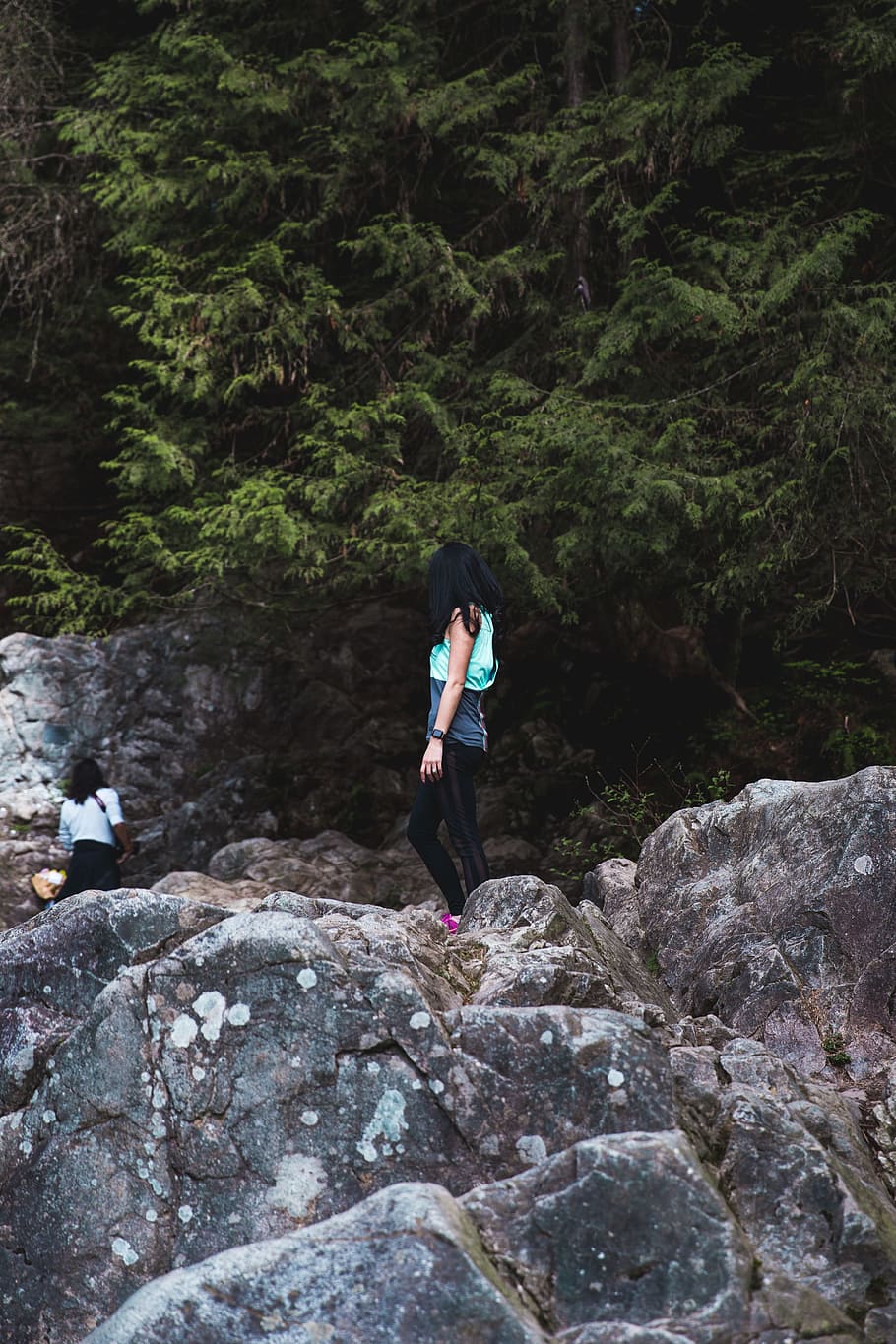 young, black, haired, female, hiker, standing, rock, 20-25 year old, adventure, asian