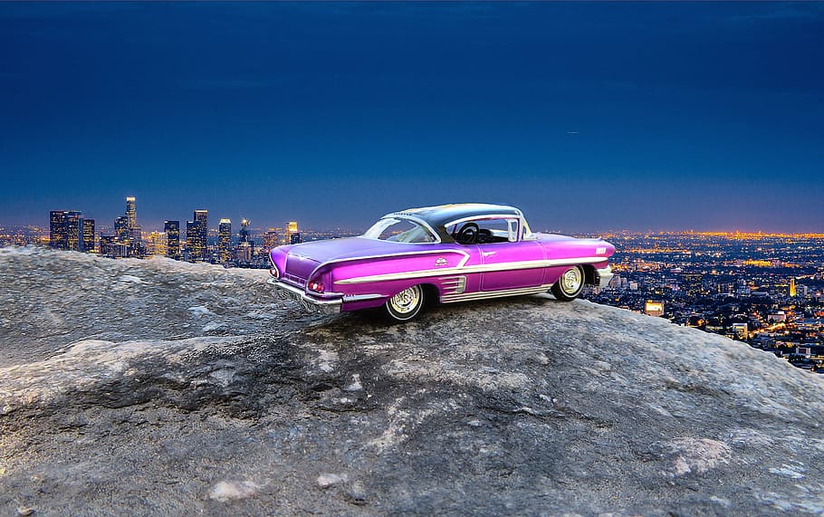 coche, Los Ángeles, pasar por alto, Chevrolet Impala, 1966, vintage, con vistas, luces de la ciudad, vehículo, estacionado