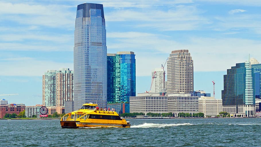 yellow, new, york water taxi cruises, pass, jersry city waterfront, hudson river, toward, york harbor, siteseeing cruise, cruise.