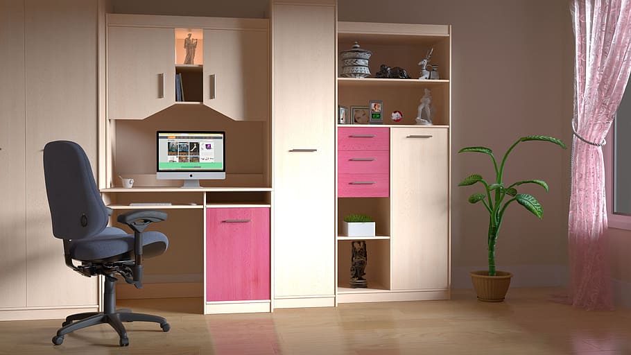móveis, espaço de trabalho do computador, sala., cadeira, casa, interior, escritório, quarto, embutido, armários