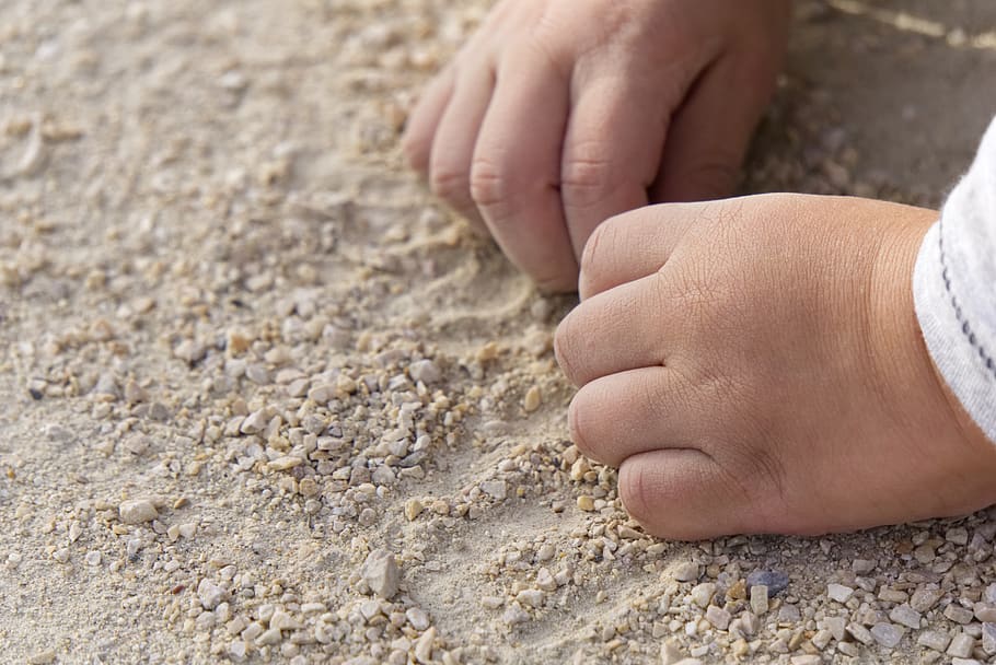 hand, child, play, sand, pebble, child's hand, small child, sweet, cute, children