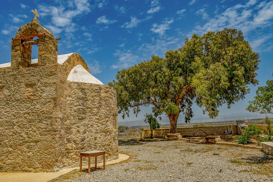 cyprus, akrotiri, ayios georgios, church, orthodox, religion, architecture, stone, tree, yard