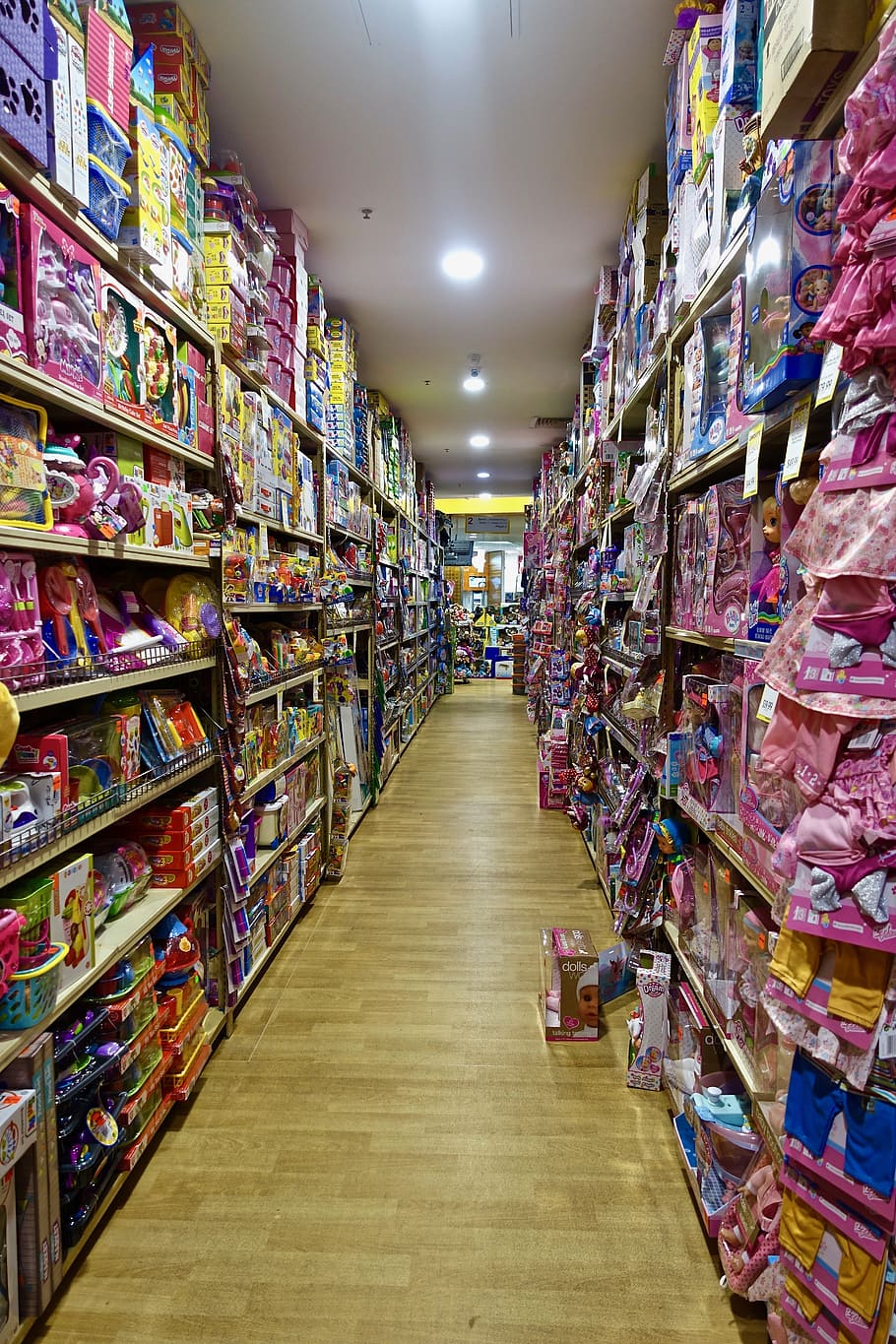 isle, shopping, toys, shelving, goods, products, options, choice, variation, abundance