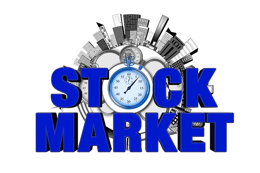 stock exchange, clock, stopwatch, skyline, market, finance, economy, blue, white background, time